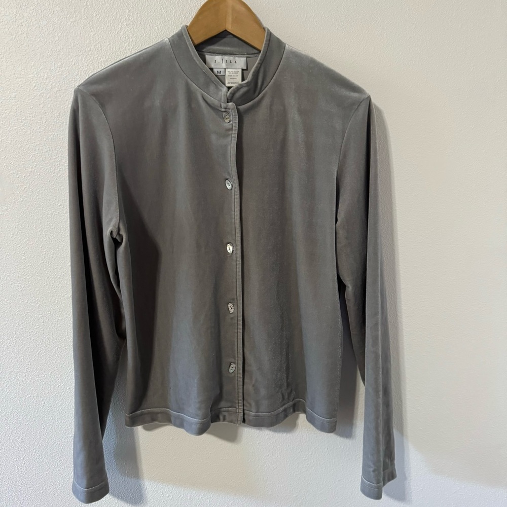 Vintage J Jill Velvet Mandarin Blouse Silver Mother of Pearl Oval Button-Medium